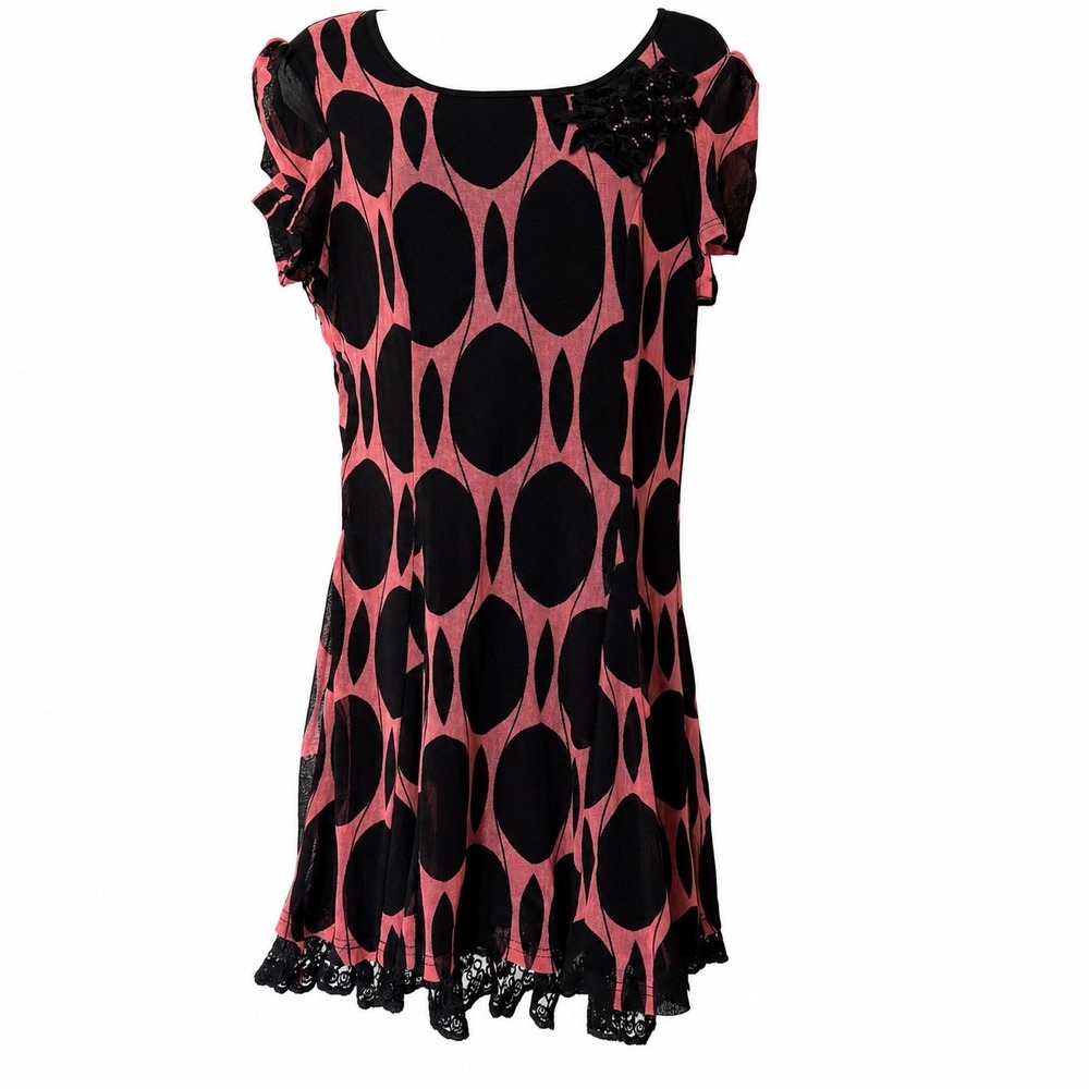 LKX Collection Pink Black Oval Print Mesh Tunic Dress Lace Floral Rhinestone M